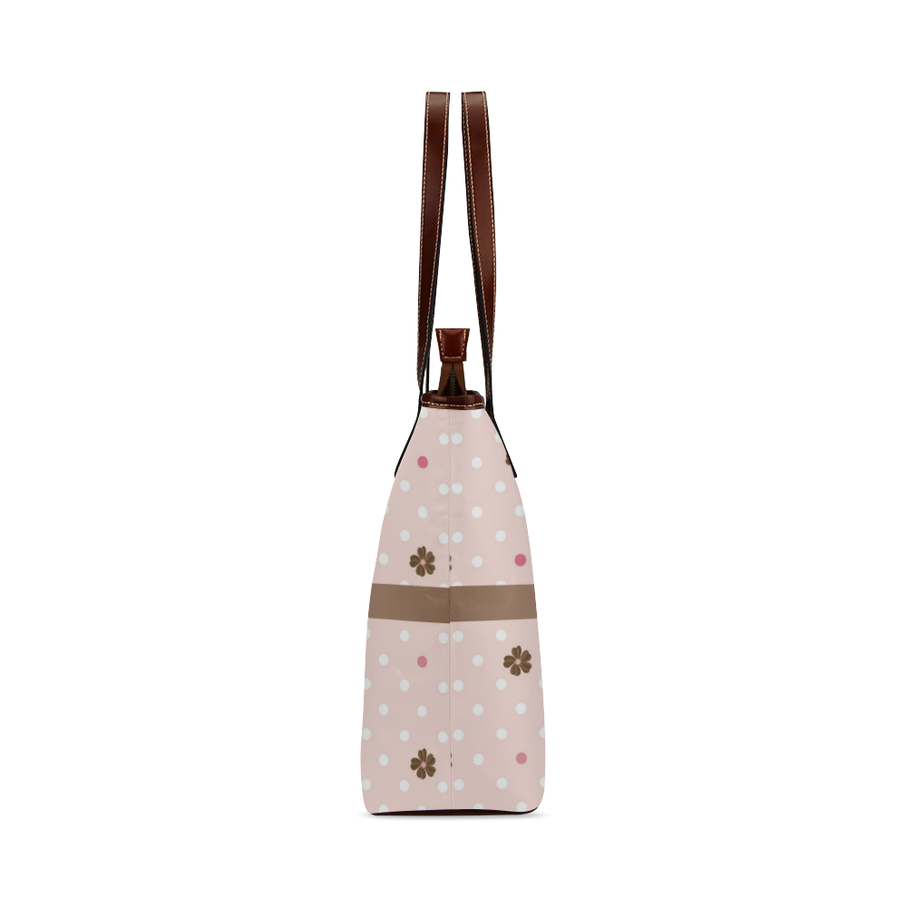 Brown Flowers, Pink White Polka Dots with Brown Bow, Floral Pattern Shoulder Tote Bag (Model 1646)