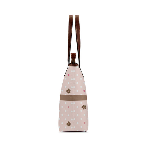 Brown Flowers, Pink White Polka Dots with Brown Bow, Floral Pattern Shoulder Tote Bag (Model 1646)