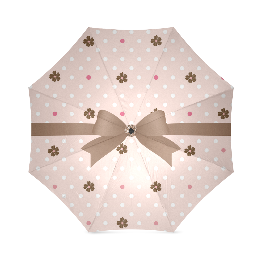 Brown Flowers, Pink White Polka Dots with Brown Bow, Floral Pattern Foldable Umbrella (Model U01)