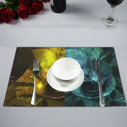 Yellow and Blue Sparkling Rose Placemat 12’’ x 18’’ (Set of 6)