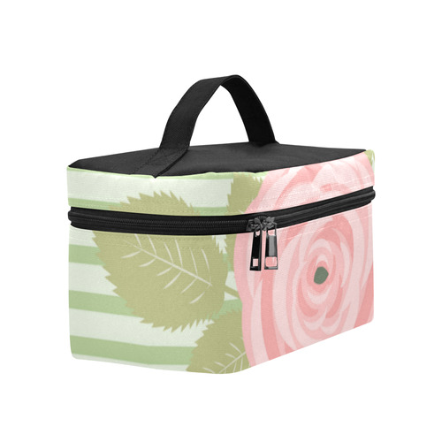 Green Stripes with a Pink Rose and Green Leaves Cosmetic Bag/Large (Model 1658)