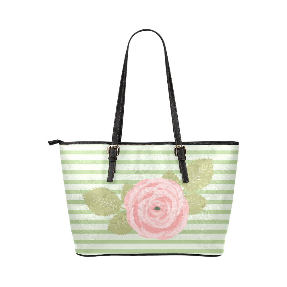 Green Stripes with a Pink Rose and Green Leaves Leather Tote Bag/Small (Model 1651)