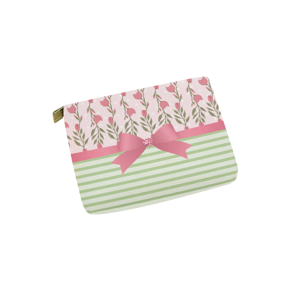 Green Stripes, Pink Roses with Pink Bow, Floral Pattern Carry-All Pouch 6''x5''