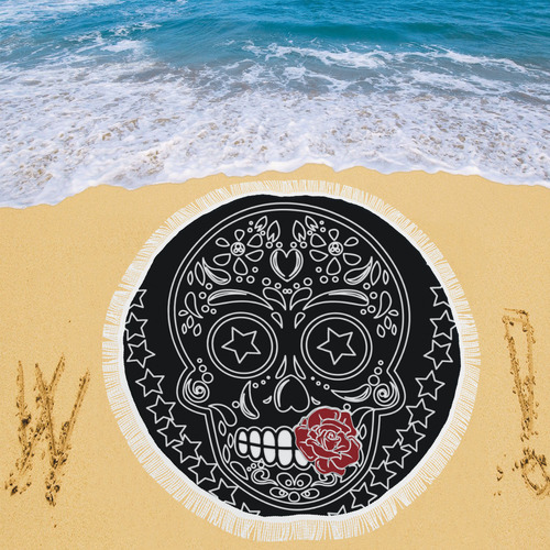 Sugar Skull Red Rose Circular Beach Shawl 59"x 59"