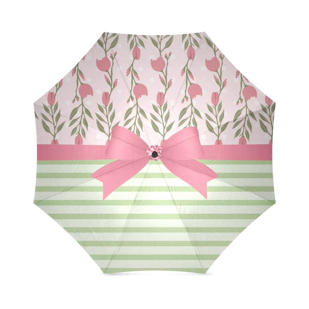 Green Stripes, Pink Roses with Pink Bow, Floral Pattern Foldable Umbrella (Model U01)