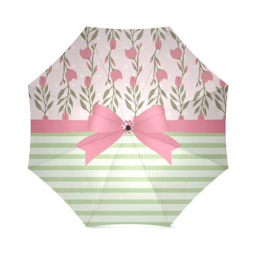 Green Stripes, Pink Roses with Pink Bow, Floral Pattern Foldable Umbrella (Model U01)