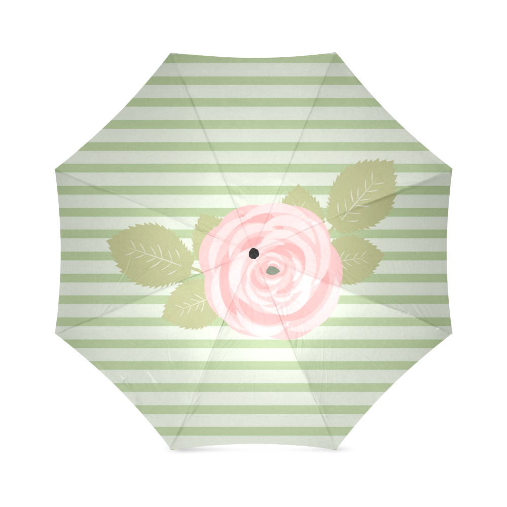 Green Stripes with a Pink Rose and Green Leaves Foldable Umbrella (Model U01)