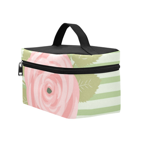 Green Stripes with a Pink Rose and Green Leaves Cosmetic Bag/Large (Model 1658)