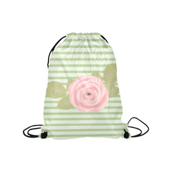 Green Stripes with a Pink Rose and Green Leaves Medium Drawstring Bag Model 1604 (Twin Sides) 13.8"(W) * 18.1"(H)