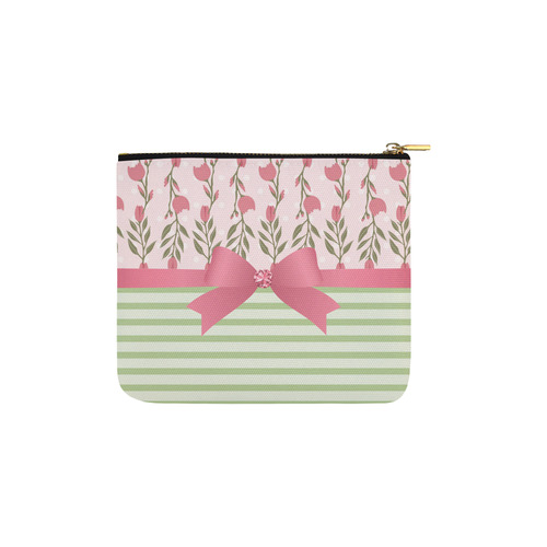 Green Stripes, Pink Roses with Pink Bow, Floral Pattern Carry-All Pouch 6''x5''
