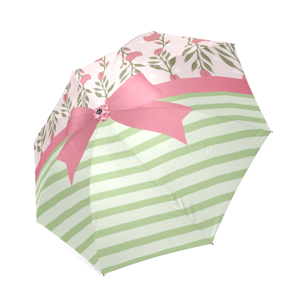 Green Stripes, Pink Roses with Pink Bow, Floral Pattern Foldable Umbrella (Model U01)