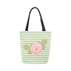 Green Stripes with a Pink Rose and Green Leaves Canvas Tote Bag (Model 1657)