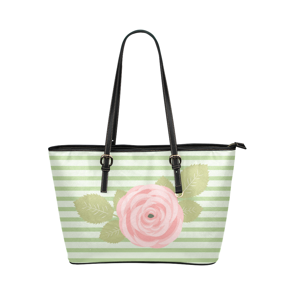 Green Stripes with a Pink Rose and Green Leaves Leather Tote Bag/Small (Model 1651)