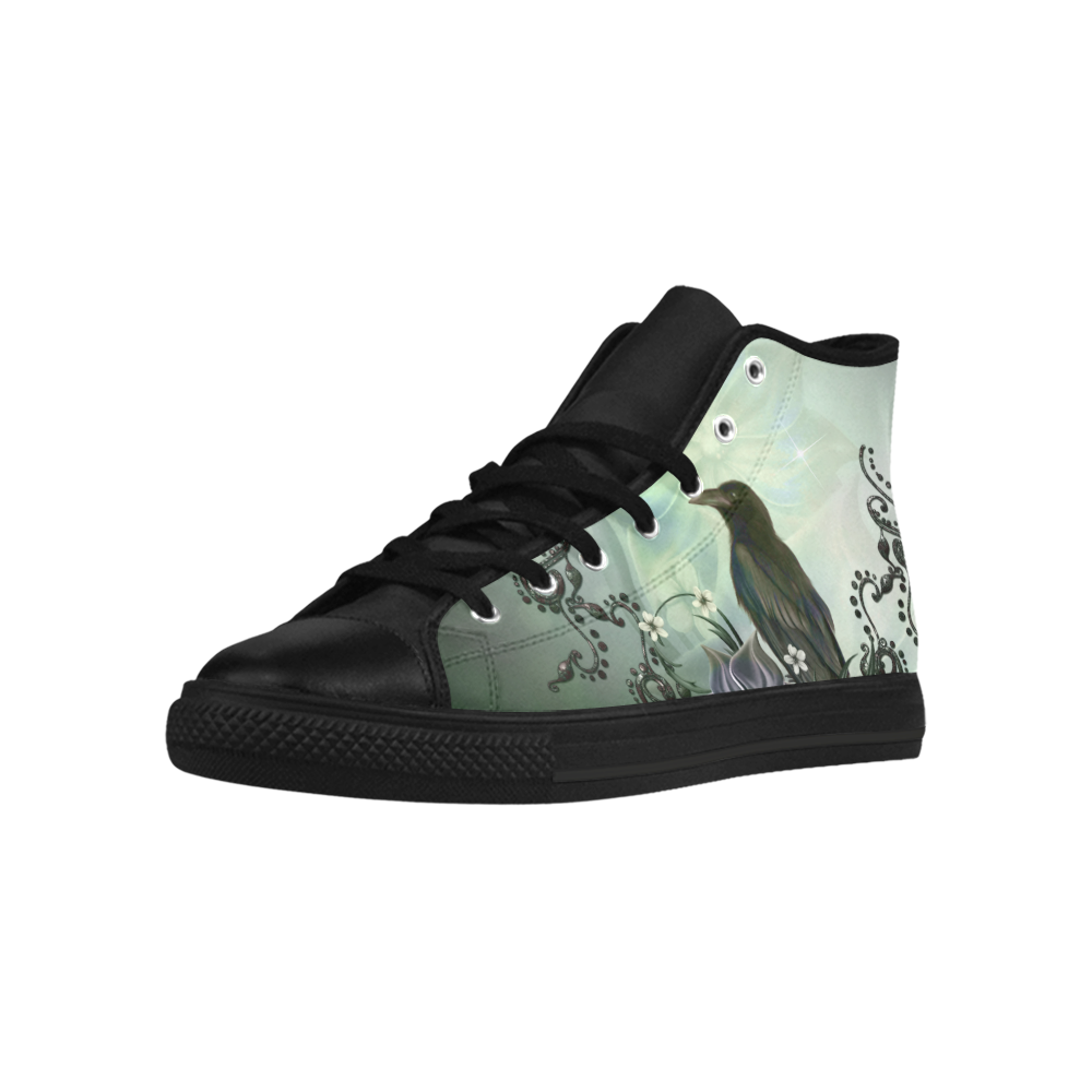 Raven with flowers Aquila High Top Microfiber Leather Men's Shoes/Large Size (Model 032)