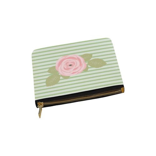 Green Stripes with a Pink Rose and Green Leaves Carry-All Pouch 6''x5''