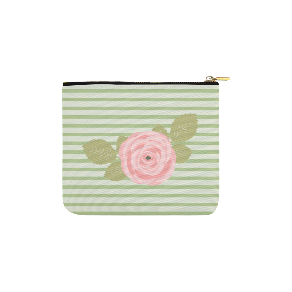 Green Stripes with a Pink Rose and Green Leaves Carry-All Pouch 6''x5''