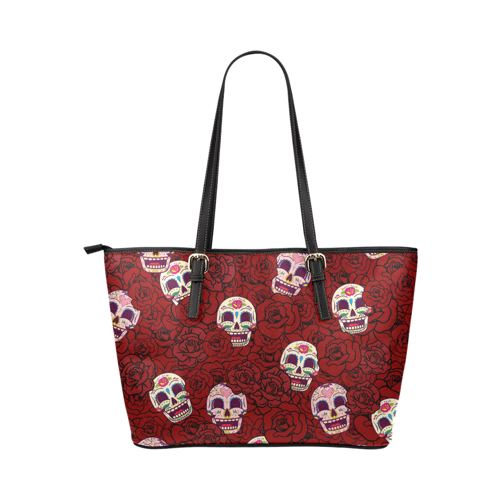Rose Sugar Skull Leather Tote Bag/Large (Model 1651)