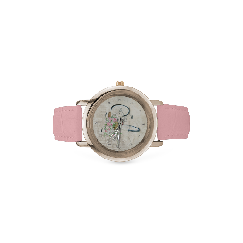 Golden Vintage bicycle with roses basket Women's Rose Gold Leather Strap Watch(Model 201)