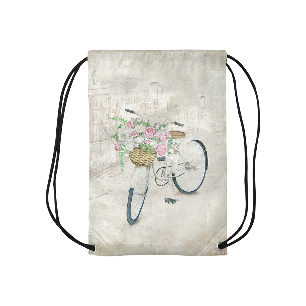 Vintage bicycle with roses basket Small Drawstring Bag Model 1604 (Twin Sides) 11"(W) * 17.7"(H)