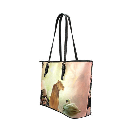 Awesome lioness in a fantasy world Leather Tote Bag/Small (Model 1651)