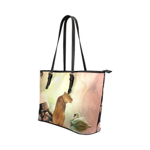 Awesome lioness in a fantasy world Leather Tote Bag/Small (Model 1651)