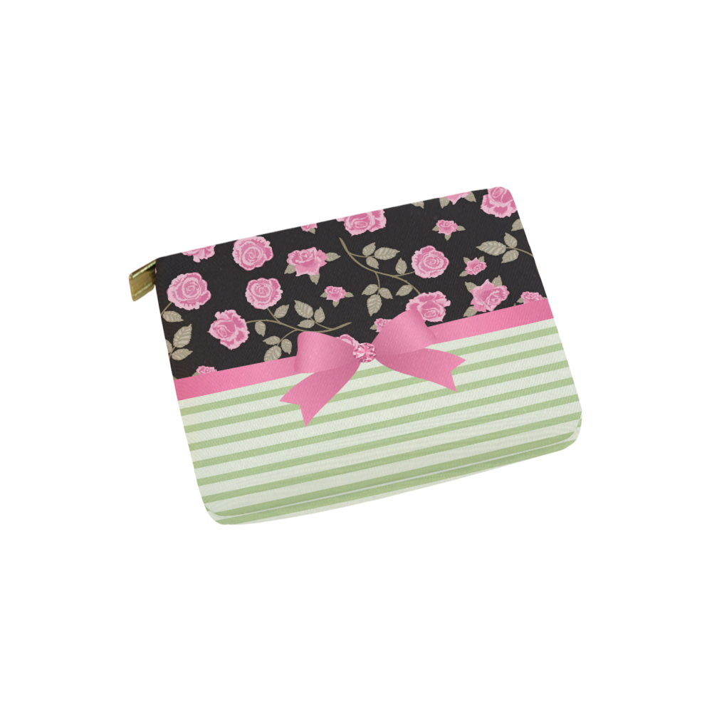 Pink Roses on Black with Green Stripes and Pink Bow Carry-All Pouch 6''x5''