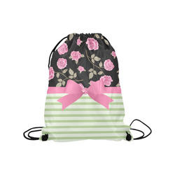 Pink Roses on Black with Green Stripes and Pink Bow Medium Drawstring Bag Model 1604 (Twin Sides) 13.8"(W) * 18.1"(H)