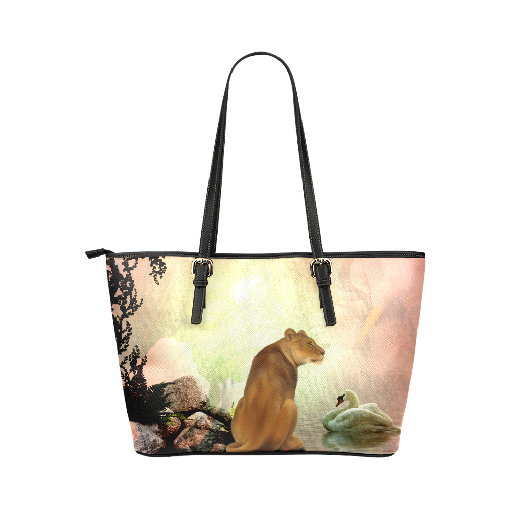 Awesome lioness in a fantasy world Leather Tote Bag/Large (Model 1651)