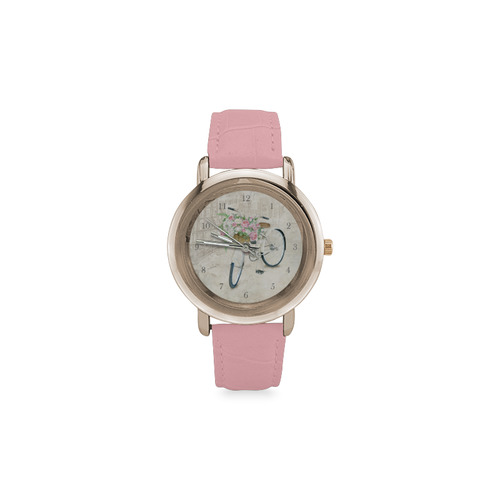 Golden Vintage bicycle with roses basket Women's Rose Gold Leather Strap Watch(Model 201)