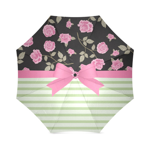 Pink Roses on Black with Green Stripes and Pink Bow Foldable Umbrella (Model U01)
