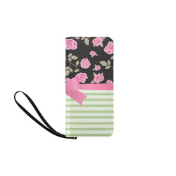 Pink Roses on Black with Green Stripes and Pink Bow Women's Clutch Purse (Model 1637)