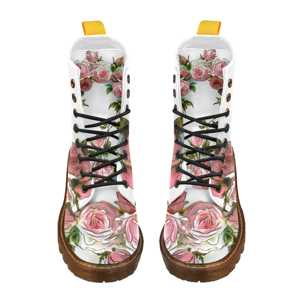 Vintage Pink Rose Floral High Grade PU Leather Martin Boots For Women Model 402H
