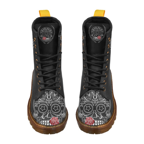 Sugar Skull Red Rose High Grade PU Leather Martin Boots For Women Model 402H