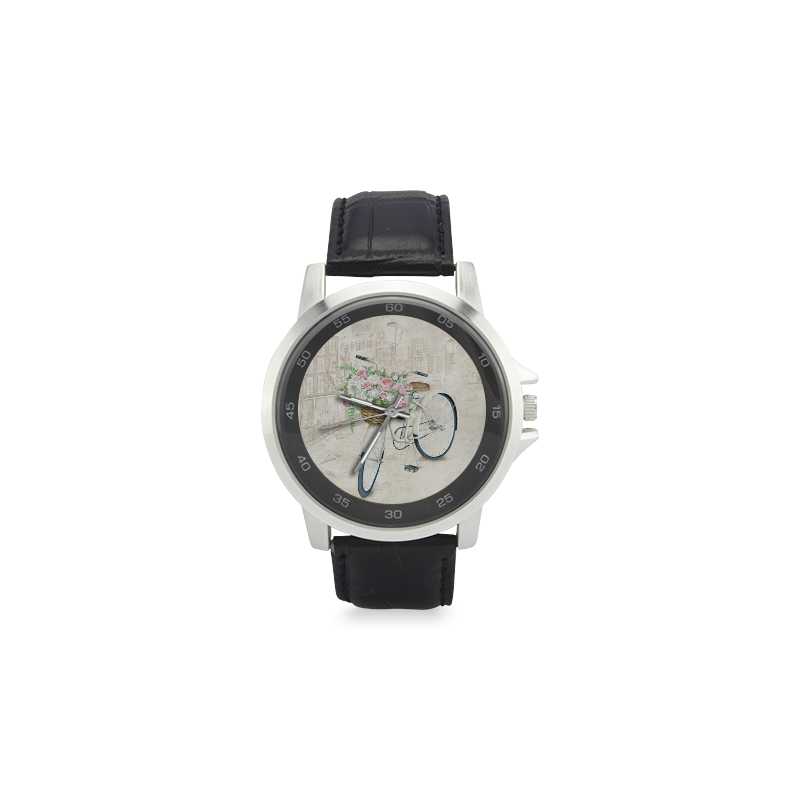 Vintage bicycle with roses basket Unisex Stainless Steel Leather Strap Watch(Model 202)