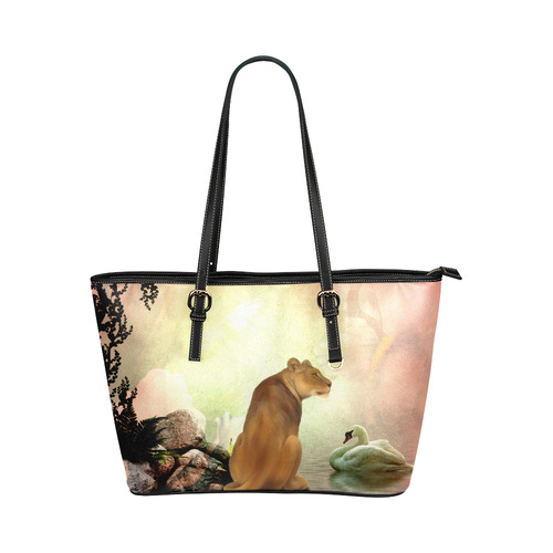 Awesome lioness in a fantasy world Leather Tote Bag/Small (Model 1651)