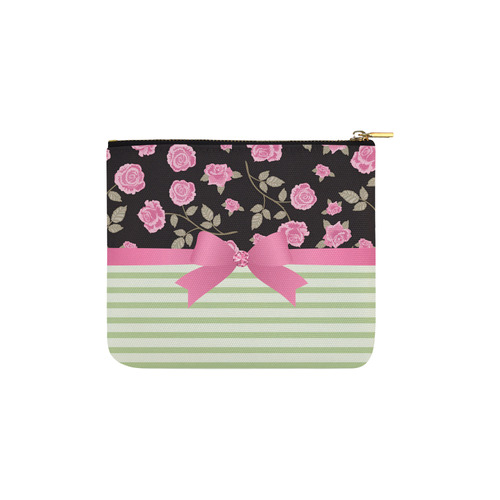 Pink Roses on Black with Green Stripes and Pink Bow Carry-All Pouch 6''x5''