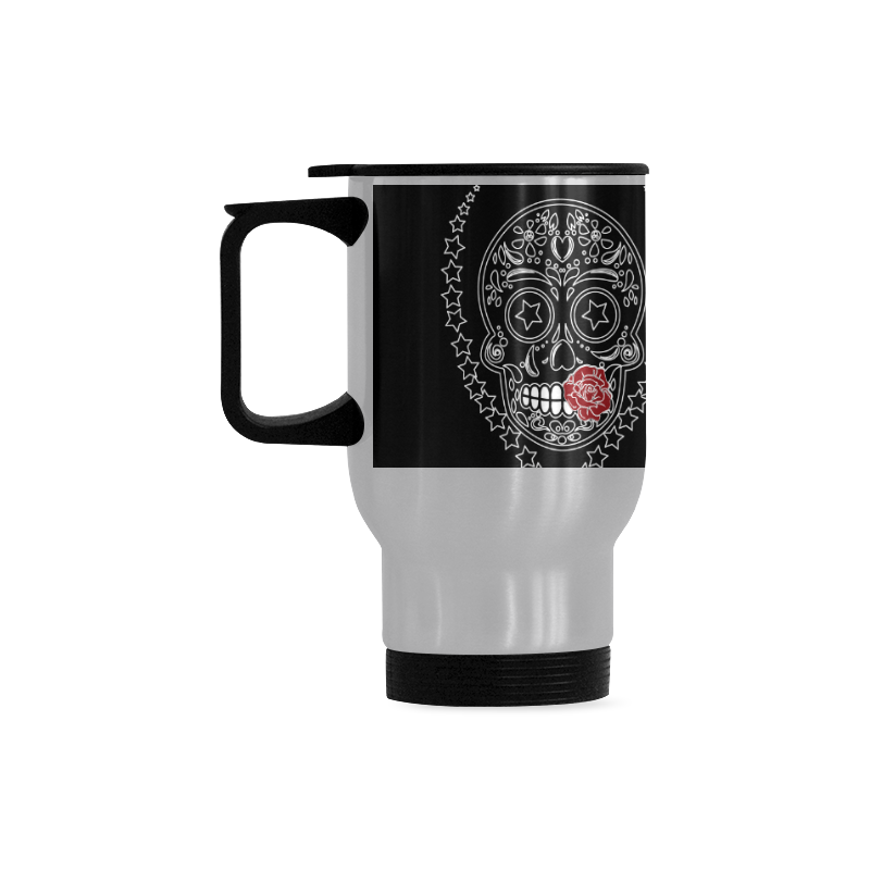 Sugar Skull Red Rose Travel Mug (Silver) (14 Oz)