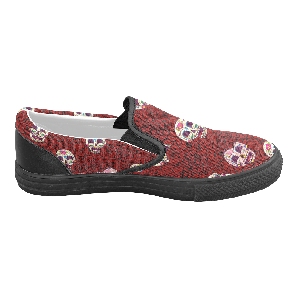 Rose Sugar Skull Slip-on Canvas Shoes for Men/Large Size (Model 019)