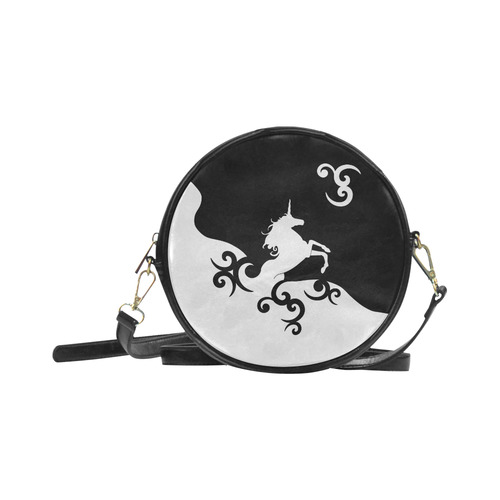 Black and White Shadowworld of Unicorns Round Sling Bag (Model 1647)