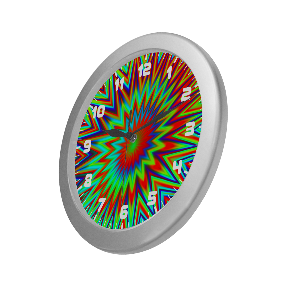Red Yellow Blue Green Retro Explosion Of Color Silver Color Wall Clock