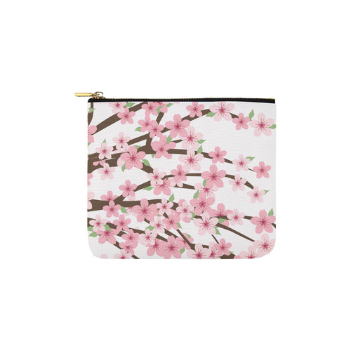 Pink Cherry Blossom Flowers on White, Floral Pattern Carry-All Pouch 6''x5''