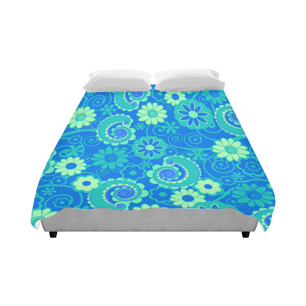 Blue Green Fun Flowers Print Duvet Cover Duvet Cover 86"x70" ( All-over-print)