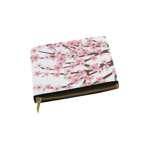 Pink Cherry Blossom Flowers on White, Floral Pattern Carry-All Pouch 6''x5''