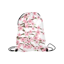 Pink Cherry Blossom Flowers on White, Floral Pattern Medium Drawstring Bag Model 1604 (Twin Sides) 13.8"(W) * 18.1"(H)