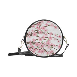 Pink Cherry Blossom Flowers on White, Floral Pattern Round Sling Bag (Model 1647)