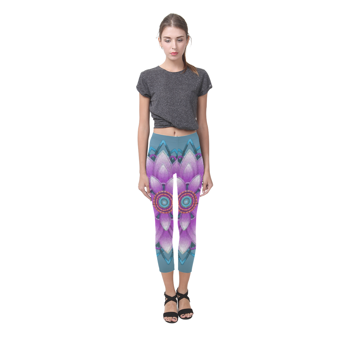 Pink - Purple Ornament Flower, Faux Stitch Capri Legging (Model L02)