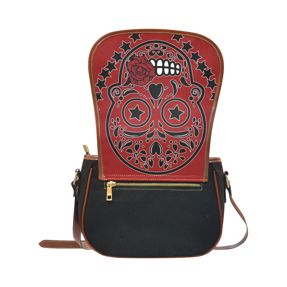 Sugar Skull Red Rose Black Saddle Bag/Small (Model 1649)(Flap Customization)