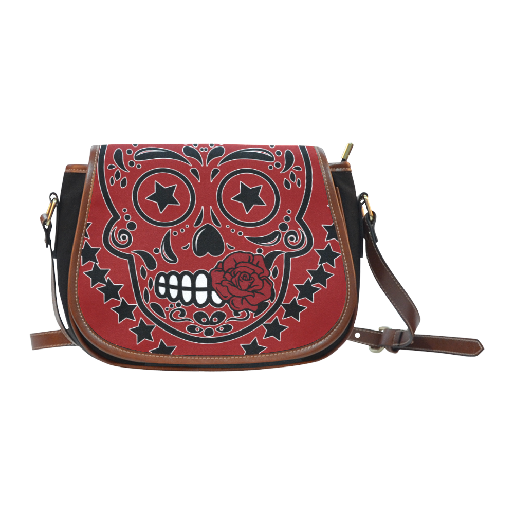 Sugar Skull Red Rose Black Saddle Bag/Small (Model 1649)(Flap Customization)