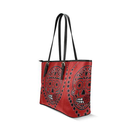 Sugar Skull Red Rose Black Leather Tote Bag/Large (Model 1640)