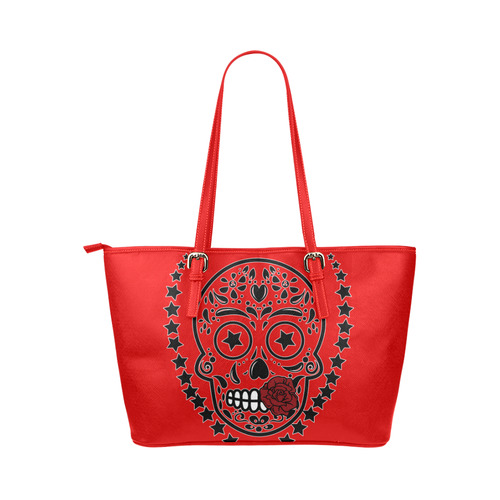 Sugar Skull Red Rose Black Leather Tote Bag/Large (Model 1651)